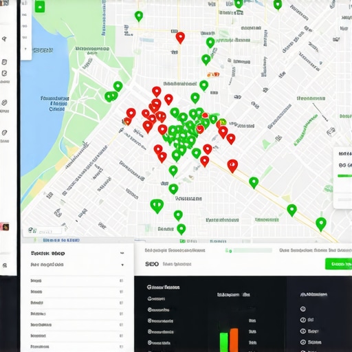 Digital grid overlay on a city map showing ranking positions in different neighborhoods