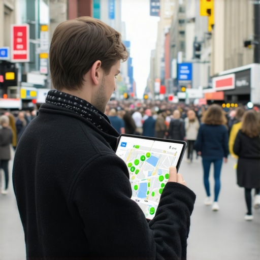 Man checking local 3-pack rankings using a specialized geo-grid tool.