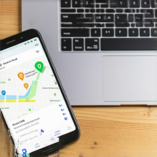 A smartphone and laptop displaying local SEO tools and map ranking results on a desk.