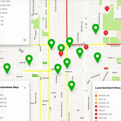 A digital map interface showing business ranking positions in a local 3-pack grid across a city.