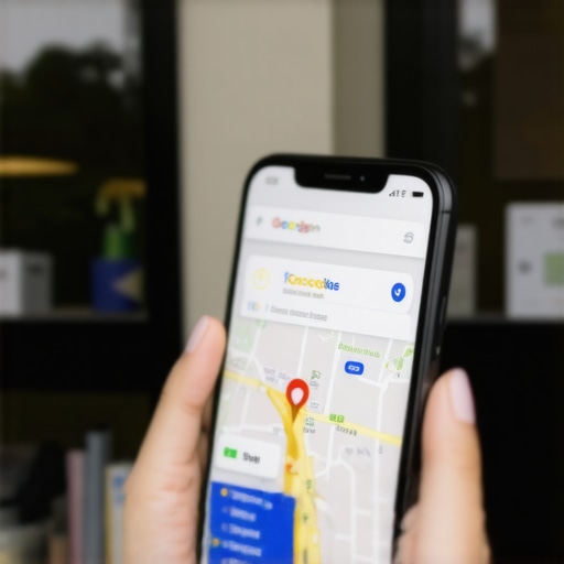 A person using a smartphone to verify a local business profile on Google Maps in front of a physical store.