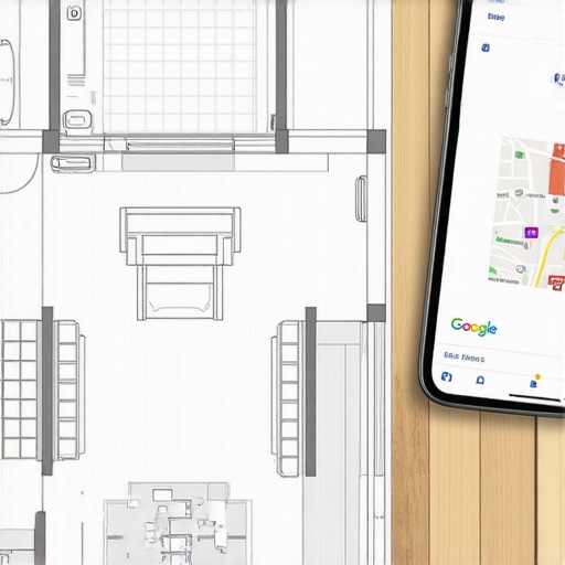 A floor plan of a business next to a smartphone showing local map rankings.