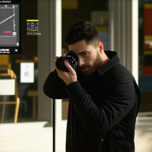 Proving business location through optimized photo metadata Photographer taking a photo of a storefront with GPS metadata overlay for local SEO