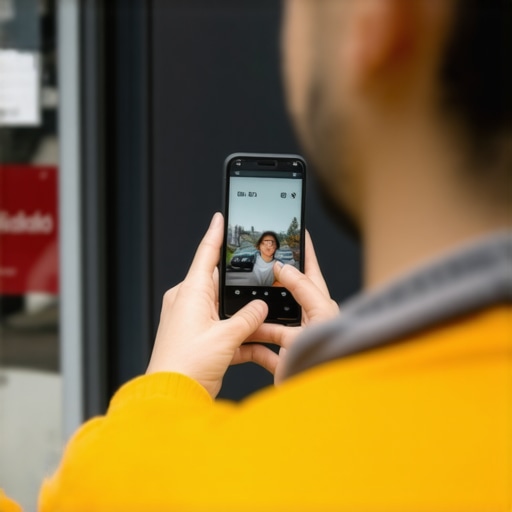 A person photographing a business storefront and address sign for local SEO verification.