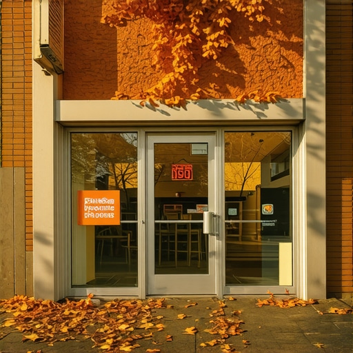 A modern store entrance with seasonal autumn decorations and clear signage used for local SEO updates