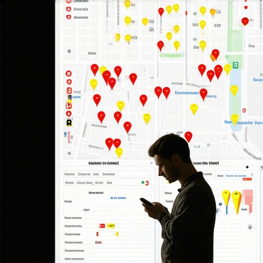 Comparison of a digital local SEO ranking grid and a real-time mobile search on a city street.