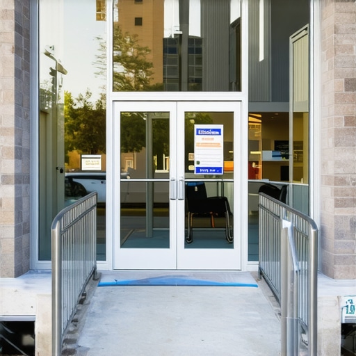Storefront accessibility features for Google Maps A business entrance showing a wheelchair ramp and accessible doors for local SEO verification.