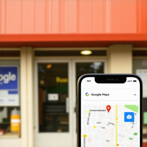 A physical business storefront compared against its Google Maps ranking on a phone screen.