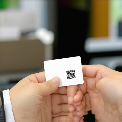 Strategic Review Request at Peak Satisfaction A business owner handing a QR code card to a customer to encourage a local map review.