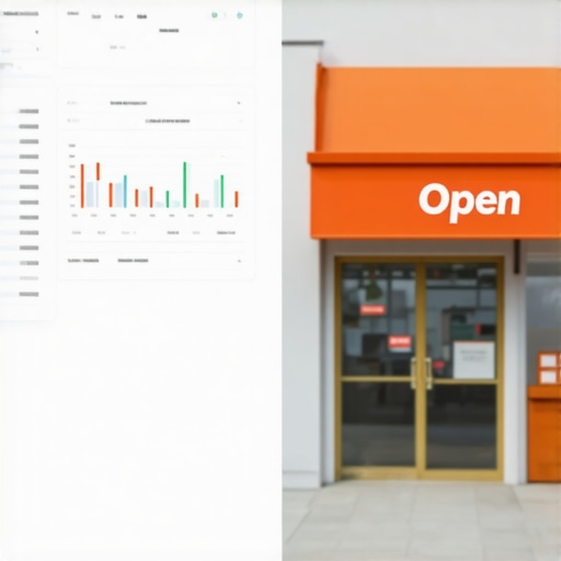 A conceptual image showing the alignment of online business profiles with a physical storefront for local SEO optimization.