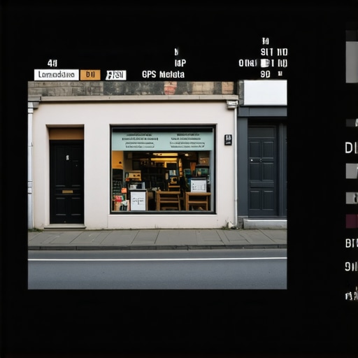 Close-up of a camera screen showing GPS coordinates on a storefront image