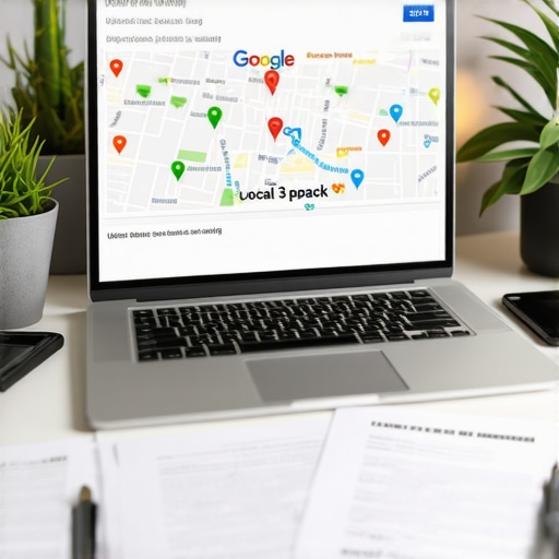 Business documents next to a laptop showing Google Maps rankings