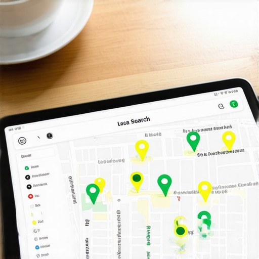A tablet showing a local search grid map with ranking pins over a neighborhood layout on an office desk.