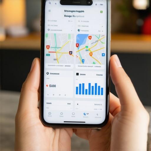 Smartphone showing Google Maps business profile insights and ranking data.