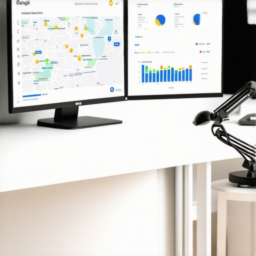A professional workspace showing local SEO tracking tools and Google Maps analytics on dual monitors.