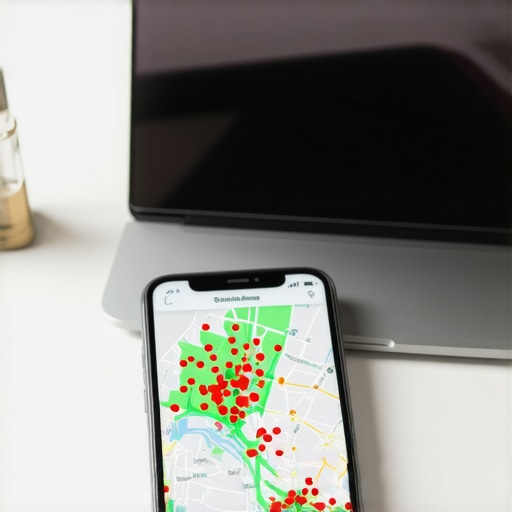 A smartphone showing a local SEO geogrid ranking heat map on an office desk