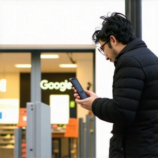 A business owner updating their local maps listing in front of their physical shop to boost local search rankings.