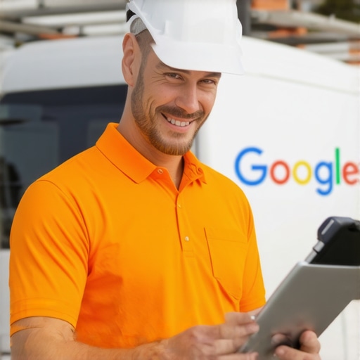 A roofing contractor optimizing his business profile for a google maps boost while on a job site.