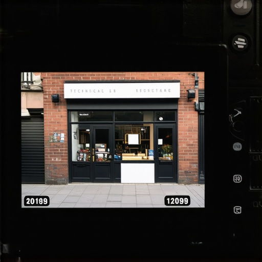 A camera screen showing a storefront photo with GPS metadata for Google Maps optimization.