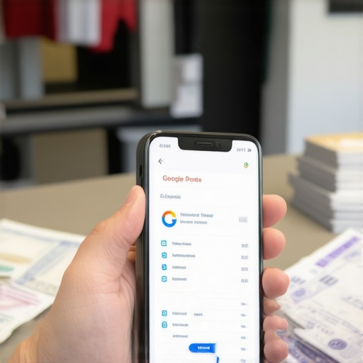 Verification documents and local profile management Business owner verifying a local map profile using physical location documents and a smartphone.