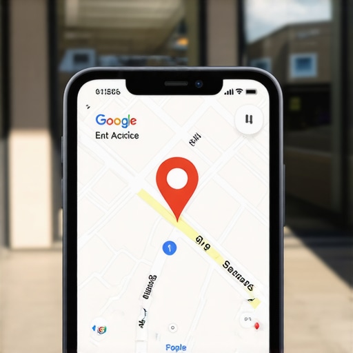 Close-up of a mobile phone verifying a store location with a Google Maps pin over a physical entrance.