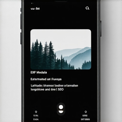 Smartphone screen showing image EXIF data with GPS coordinates for local SEO optimization.