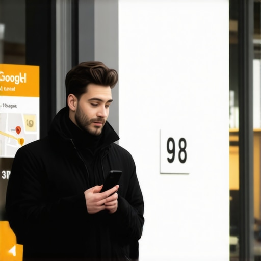 A shop owner using their mobile phone to verify their business location on Google Maps in front of their physical store.