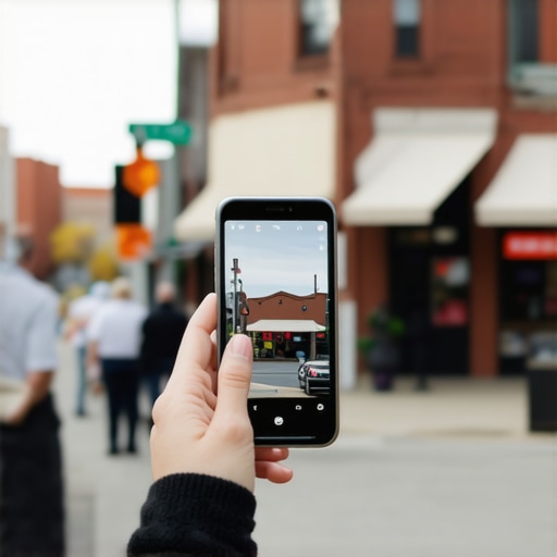 Verifying local business location with landmarks A person taking a photo of a local shop with a city landmark in the background to improve Google Maps ranking.