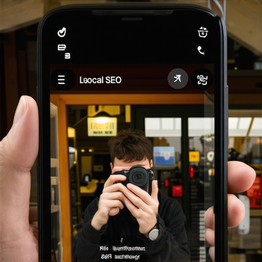 Verifying local business location with smartphone metadata A business owner capturing authentic storefront photos to boost Google Maps local pack ranking through metadata verification.