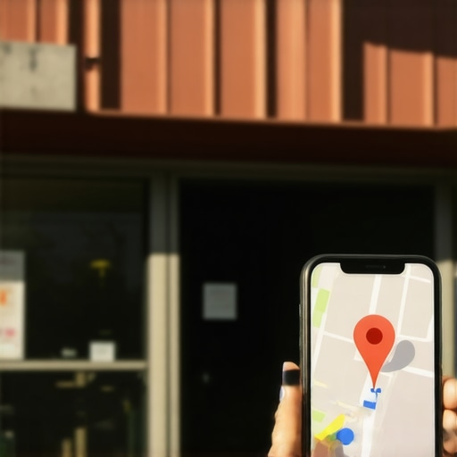 Smartphone showing Google Maps pin in front of a real business storefront to prove location authority.