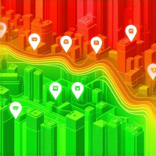 A 3D heat map dashboard showing local search ranking positions across a city with tech icons for Wi-Fi and 6G signals.