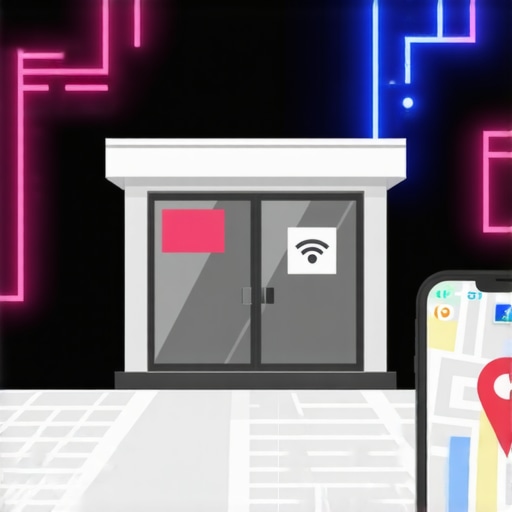 A conceptual illustration of digital signals connecting a physical storefront to Google Maps rank.