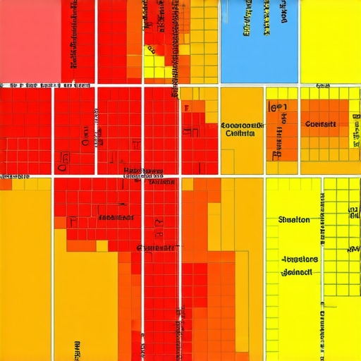 A city map with a heatmap overlay showing local pack ranking strength.